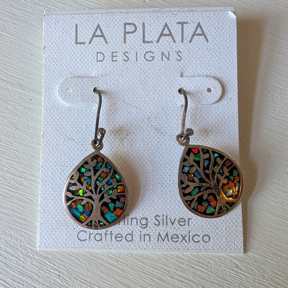 NEW La Plata Designs Earrings Silver Opal Multi Tree of Life Dangle Women OS